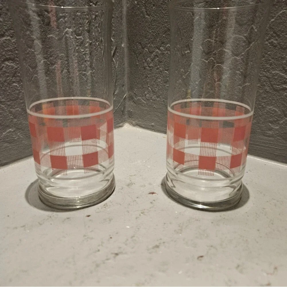 Vintage Libby Pink Gingham Drinking Glasses 6
